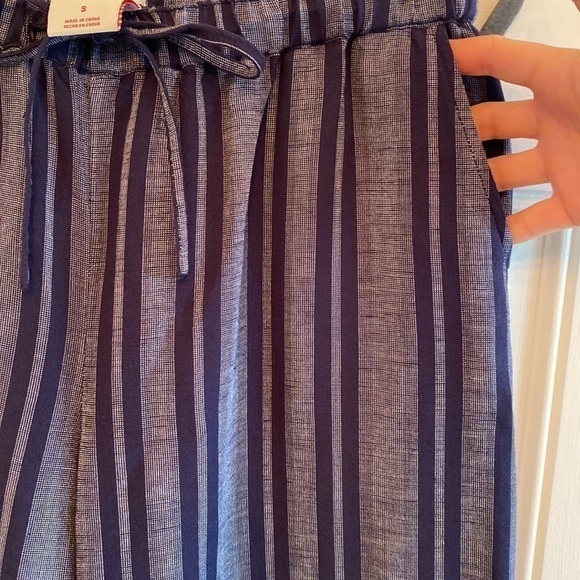 Blue Linen Wide Leg Striped High Rise Drawstring Pockets Bohemian Pants Summer - Picture 8 of 14